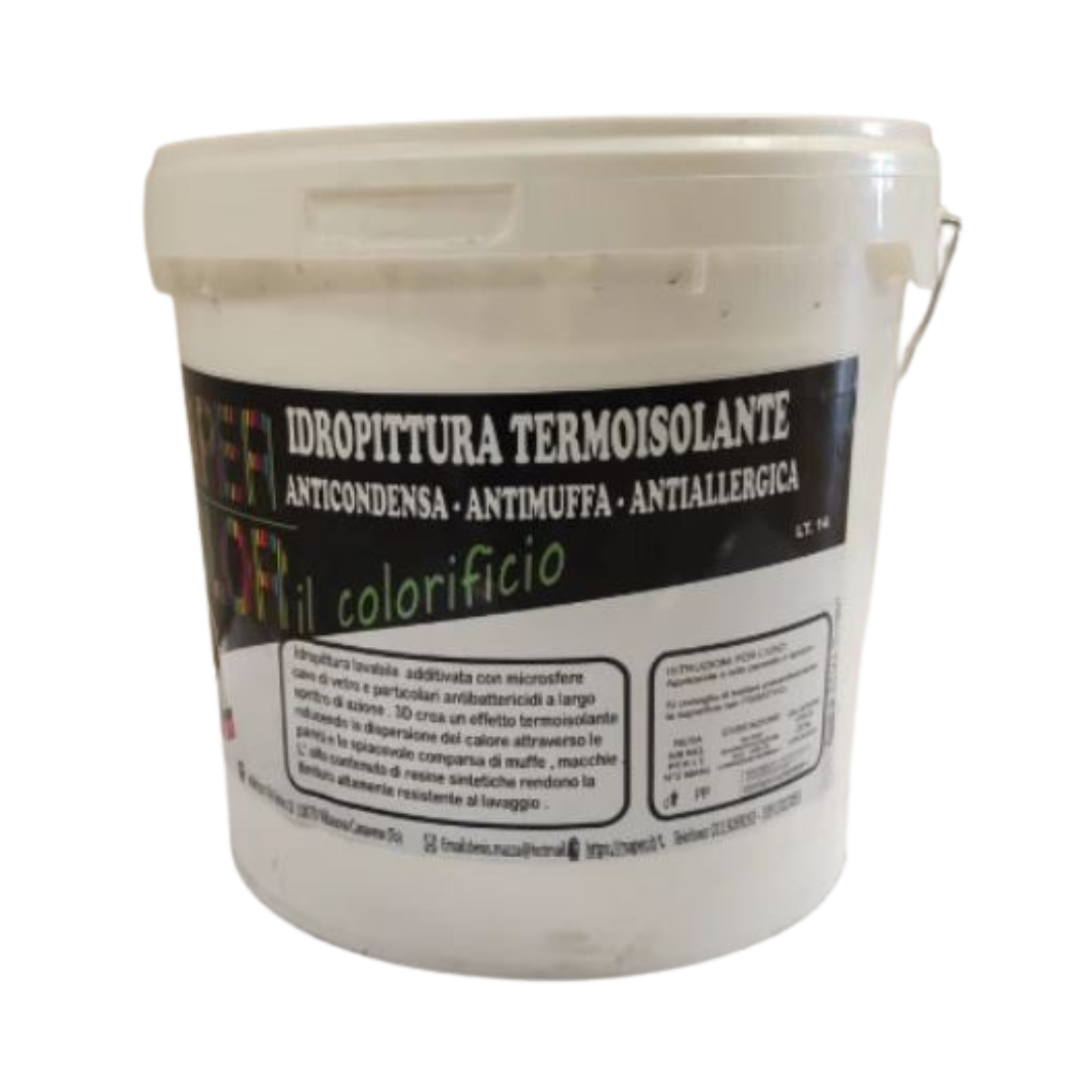 Pittura anticondensa-antimuffa-antiallergica
Caratteristiche del materiale
idropittura con microsfere cave di vetro
crea un effetto termoisolante
riduce la dispersione del calore sulle pareti
crea una barriera contro la muffa
Resa: 1 lt / 8 mq (nelle due mani resa teorica)